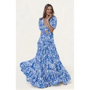 NWOT Seven Wonders Kiah Blue Floral Tiered Cutout Backless Maxi Dress Size Small
